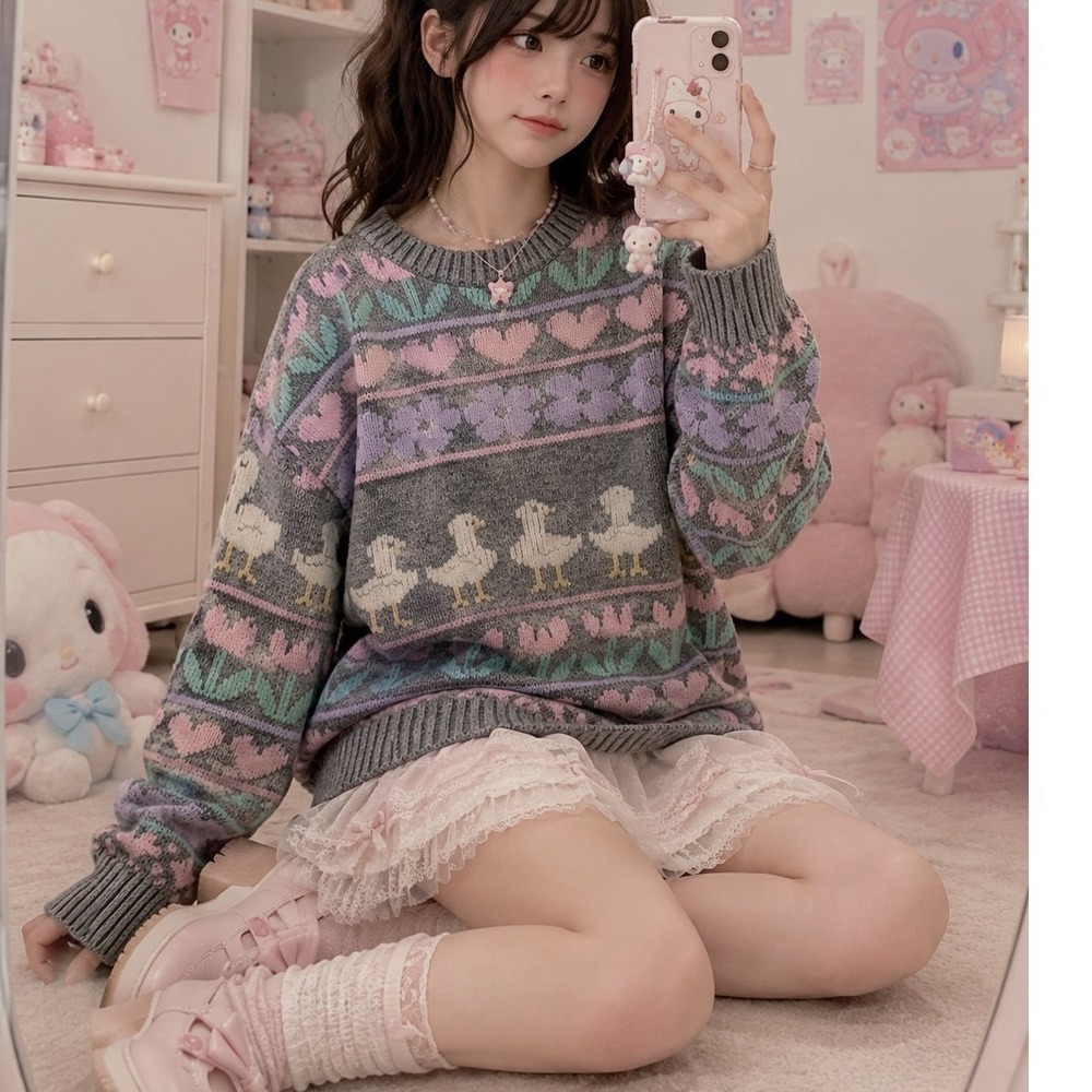 Vintage 90s Duck Farm Sweater Pastel Fairy Kei Kawaii USA Cottagecore Goose